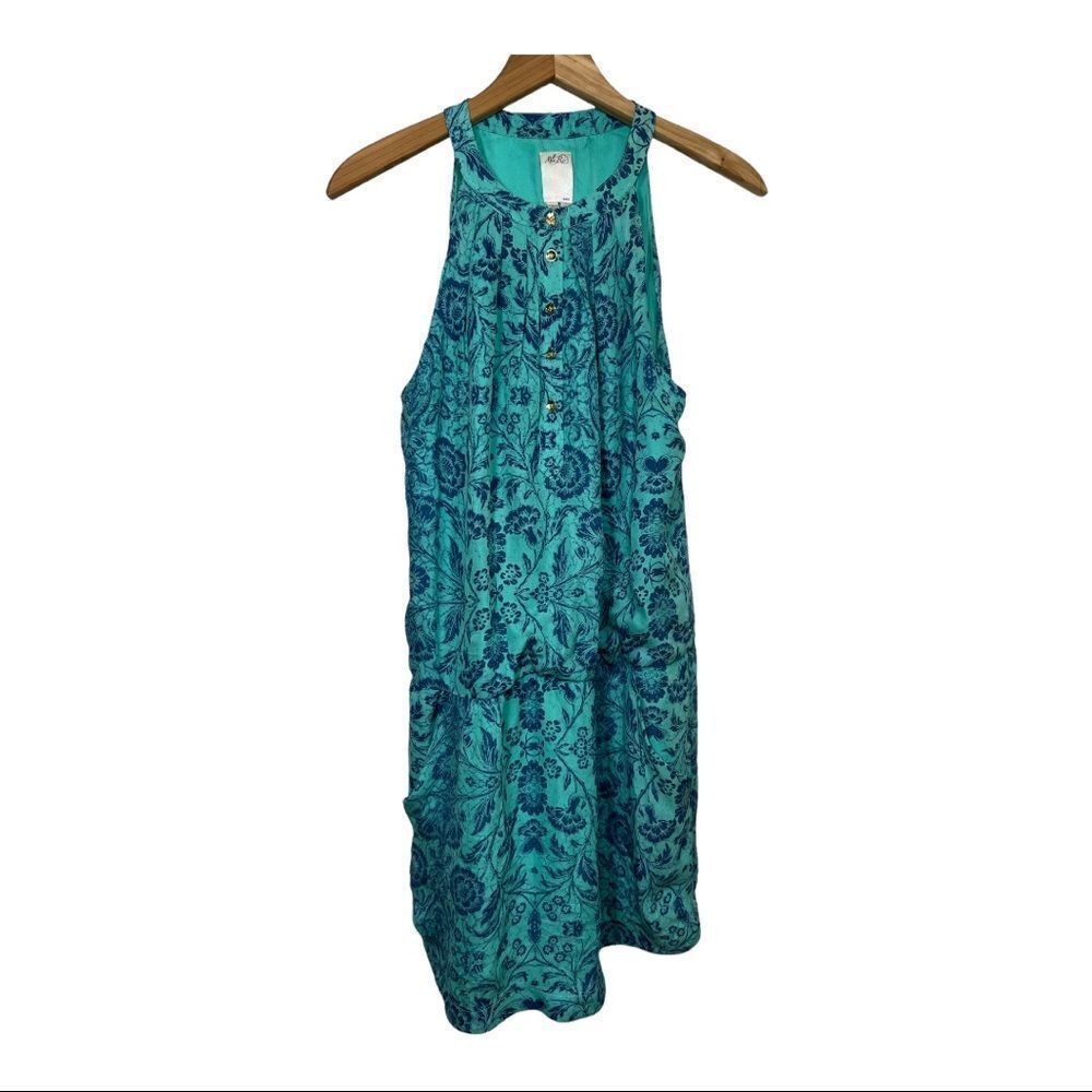 ALI RO Women’s Sleeveless Button Front Drop Waist Silk Dress Teal/Blue Size 8